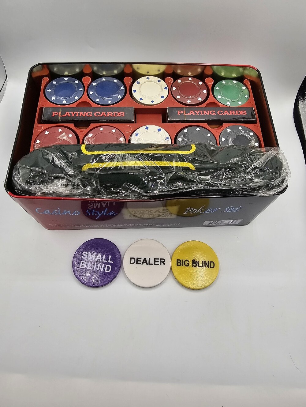 Casino Style Poker Set with Colored Chips and Dealer Buttons
